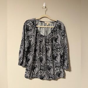 Michael Kors Black and White Paisley 3/4 Sleeve Blouse Large